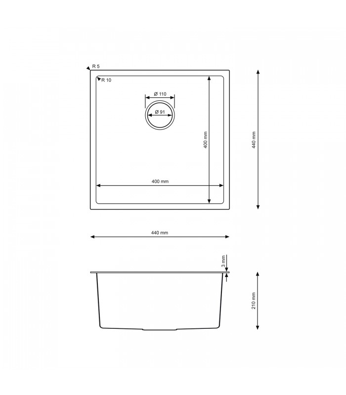 Zlewozmywak stalowy HD4444 INOX, sposób montażu : podwieszany bądź wpuszczany 440x440mm (zestaw: zlew,syfon,mocowania)
