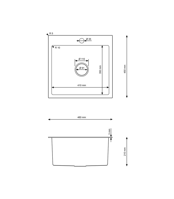 Zlewozmywak stalowy HD4645 INOX, sposób montażu: podwieszany bądź wpuszczany 460x450mm (zestaw: zlew,syfon,mocowania)