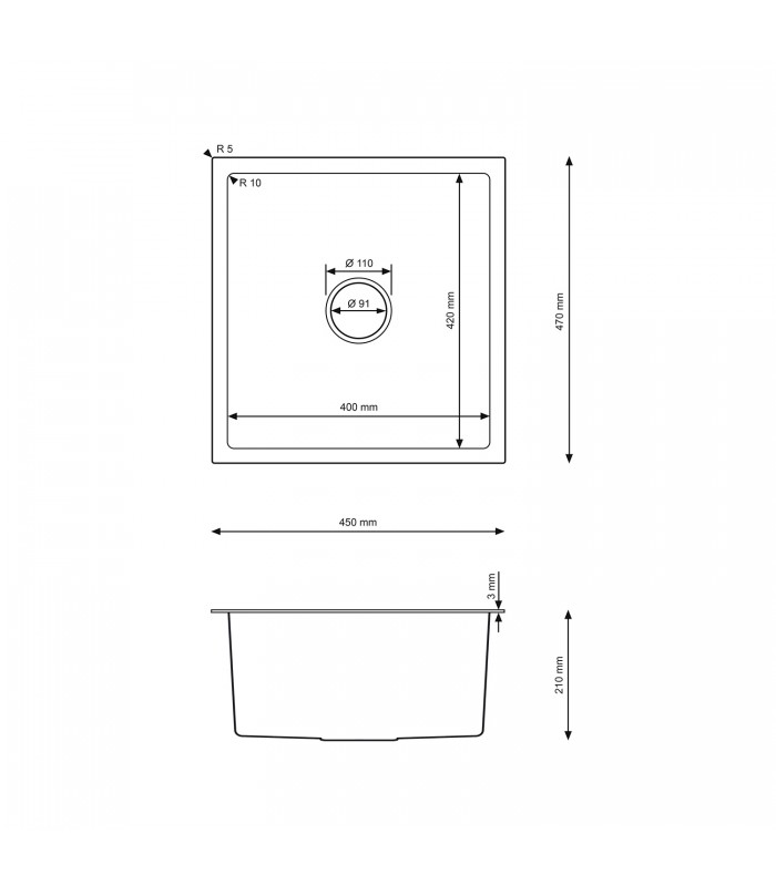 Zlewozmywak stalowy HD4745G GOLD PVD, sposób montażu: podwieszany bądź wpuszczany 470x450mm (zestaw: zlew,syfon,mocowania)