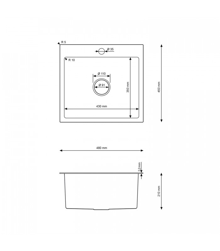 Zlewozmywak stalowy HD4845 INOX, sposób montażu: podwieszany bądź wpuszczany 480x450mm (zestaw: zlew,syfon,mocowania)