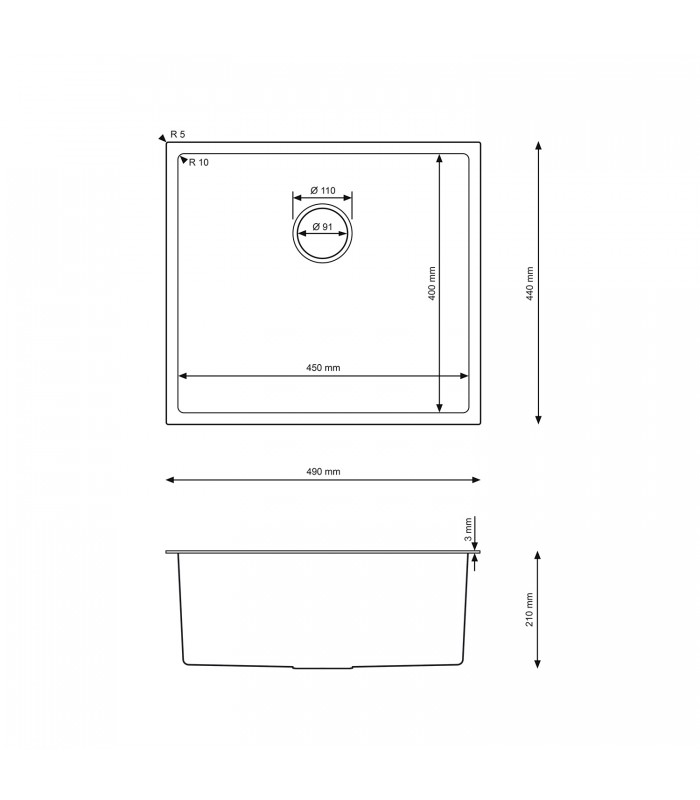Zlewozmywak stalowy HD4944 INOX, sposób montażu: podwieszany bądź wpuszczany 490x440mm (zestaw: zlew,syfon,mocowania)