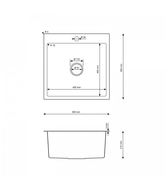 Zlewozmywak stalowy HD5050B GARFIT PVD, sposób montażu: podwieszany bądź wpuszczany 500x500mm (zestaw: zlew,syfon,mocowania)