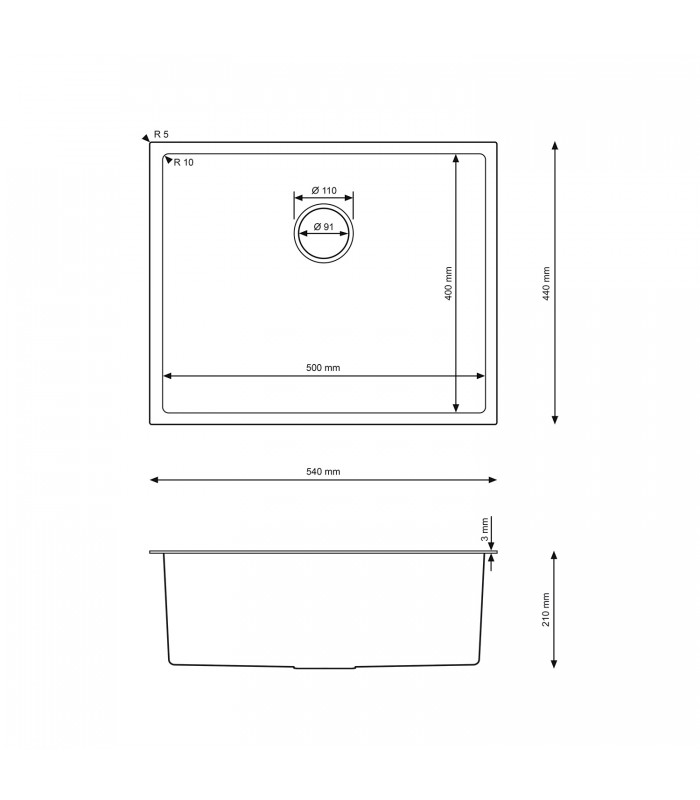 Zlewozmywak stalowy HD5444 INOX, sposób montażu: podwieszany bądź wpuszczany 540x440mm (zestaw: zlew,syfon,mocowania)