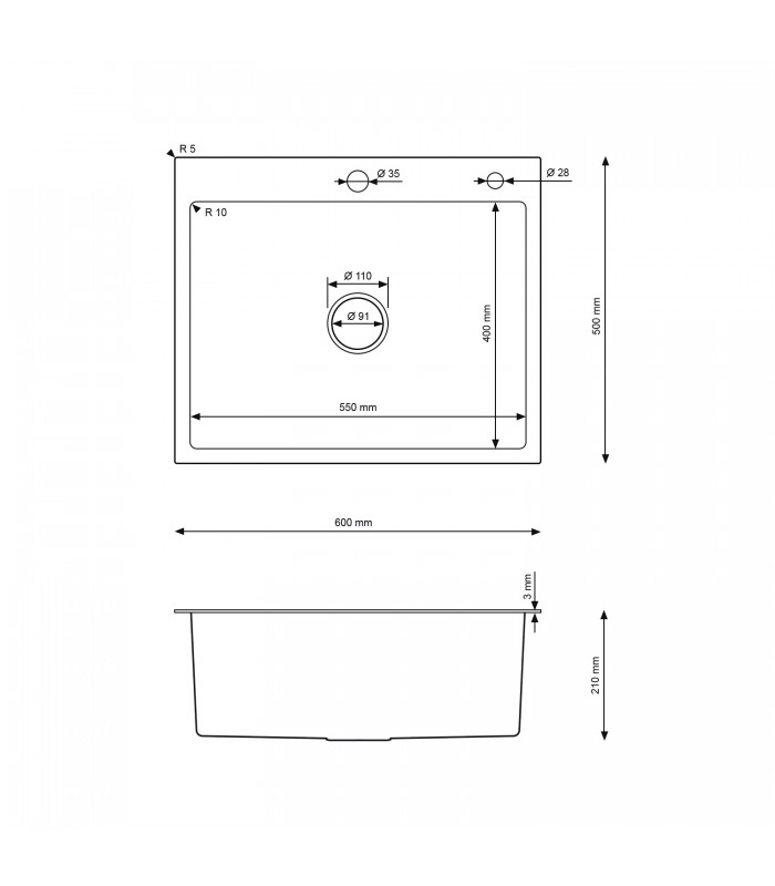 Zlewozmywak stalowy HD6050 INOX, sposób montażu: podwieszany bądź wpuszczany 600x500mm