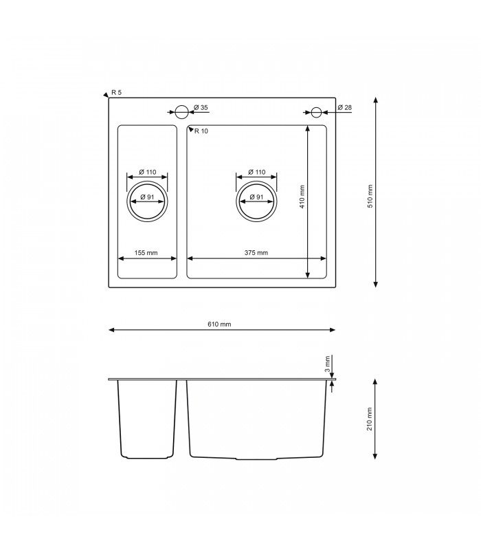Zlewozmywak stalowy HD6151 INOX, sposób montażu: podwieszany bądź wpuszczany 610x510mm