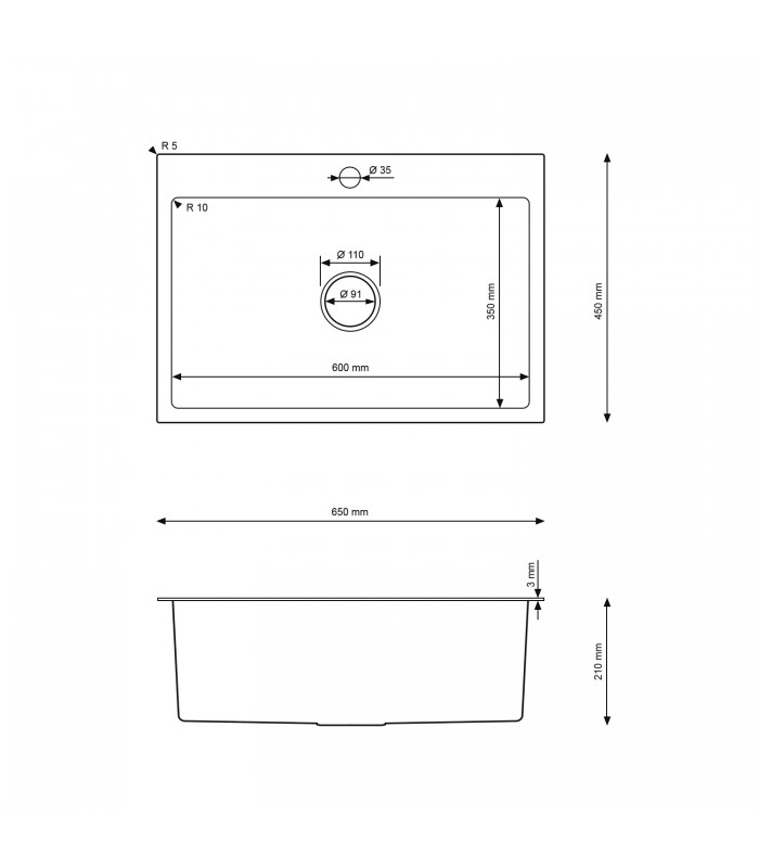 Zlewozmywak stalowy HD6545 INOX, sposób montażu: podwieszany bądź wpuszczany 650x450mm (zestaw: zlew,syfon,mocowania)