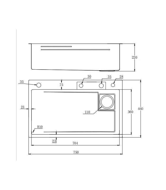 Zlewozmywak stalowy HD7546 FY DEKOR GRAFIT PVD, sposób montażu: wpuszczany bądź wpuszczany na równi z blatem 750x460mm