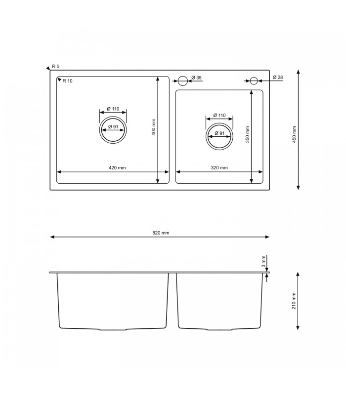 Zlewozmywak stalowy HD8245 INOX, sposób montażu: wpuszczany bądź wpuszczany na równi z blatem 820x450mm