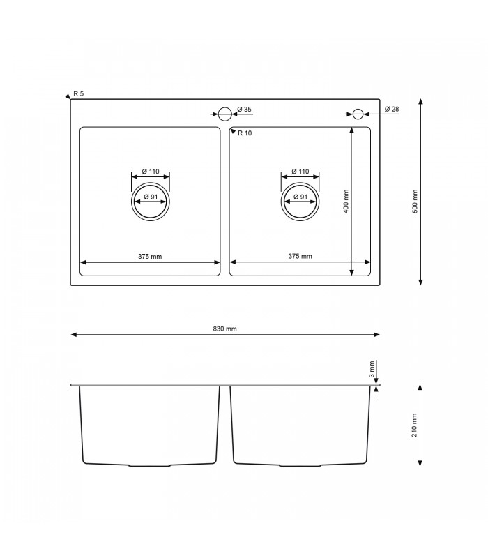 Zlewozmywak stalowy HD8350B GRAFIT PVD, sposób montażu: wpuszczany bądź wpuszczany na równi z blatem 830x500mm