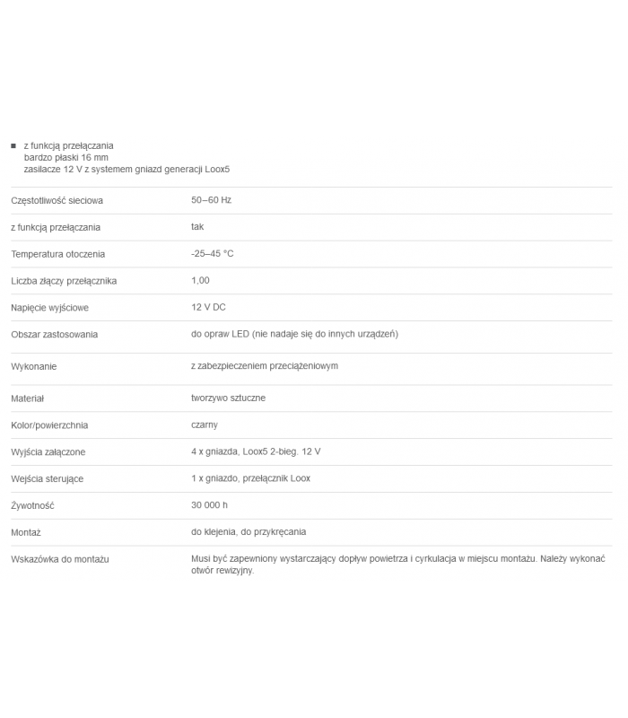 Zasilacz, Häfele Loox5 12 V, z funkcją przełączania, napięcie wejściowe 220 - 240 V, moc 20 W
