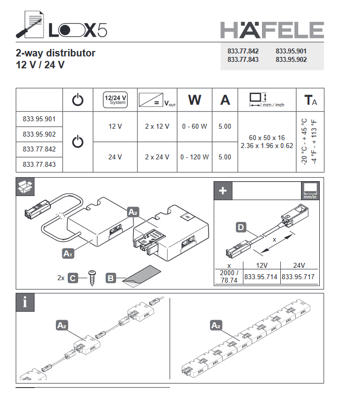 Dystrybutor 2-gniazdowy, Häfele Loox5 12 V z przewodem zasilającym i funkcją przełączania 2-bieg. (monochromatyczny)