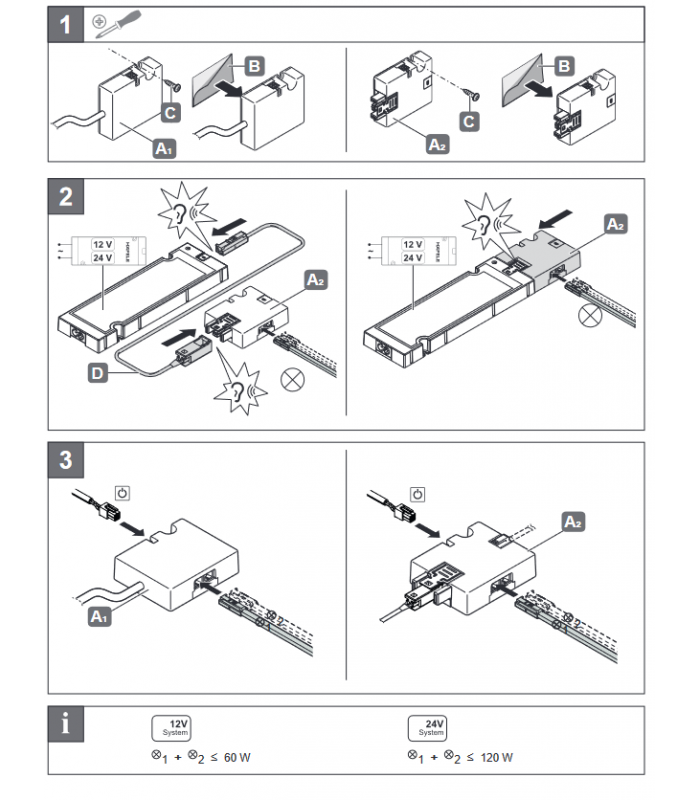 Dystrybutor 2-gniazdowy, Häfele Loox5 12 V z przewodem zasilającym i funkcją przełączania 2-bieg. (monochromatyczny)
