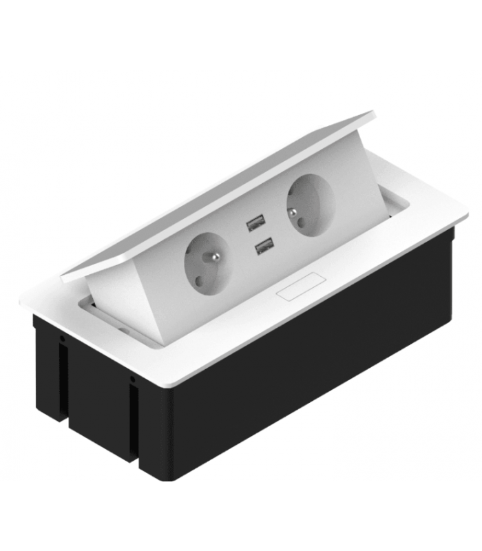 ELEKTRIMA KWADRO Przedłużacz biurkowy wpuszczany prostokątny 2x gniazdo uziemienie, 2xUSB 2,1A 5V metal/tworzywo biały