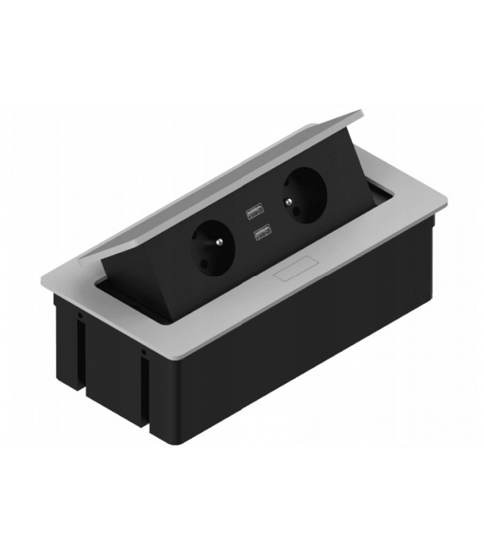 ELEKTRIMA KWADRO Przedłużacz biurkowy wpuszczany prostokątny 2x gniazdo uziemienie, 2xUSB 2,1A 5V metal/tworzywo srebrny