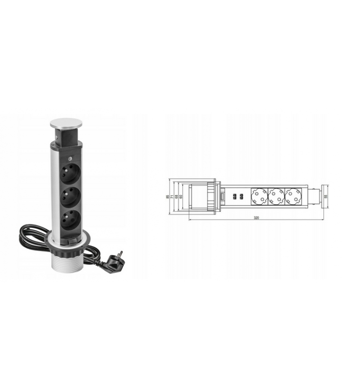 ELEKTRIMA TUBUS Przedłużacz biurkowy wpuszczany okrągły 60mm, 3x gniazdo uziemienie metal/tworzywo srebrny