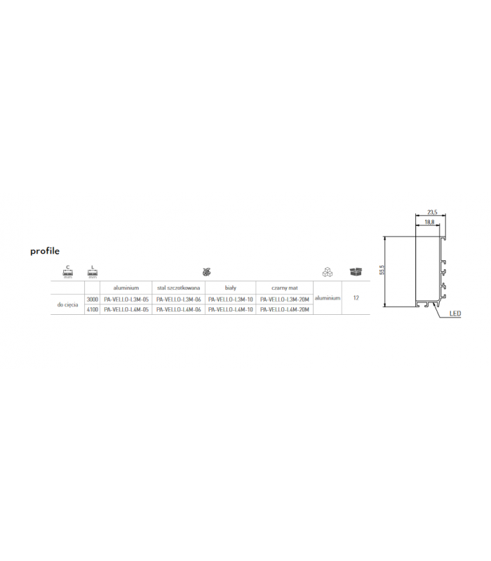 Profil aluminiowy system bezuchwytowy VELLO z funkcją LED, L, srebrny, długość 4.10m