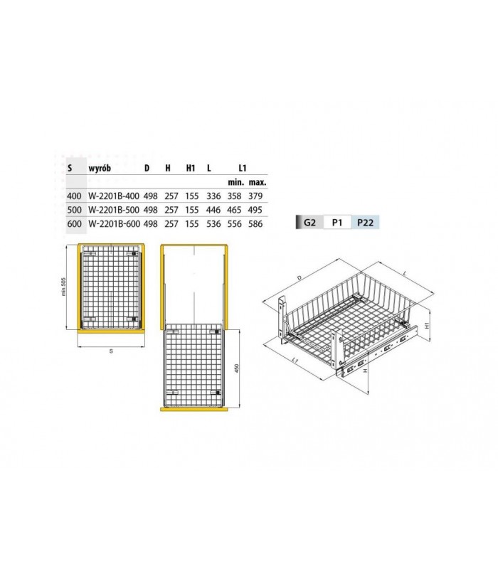 Szuflada dolna z mocowaniem do frontu do szafki 600, srebrna W-2201