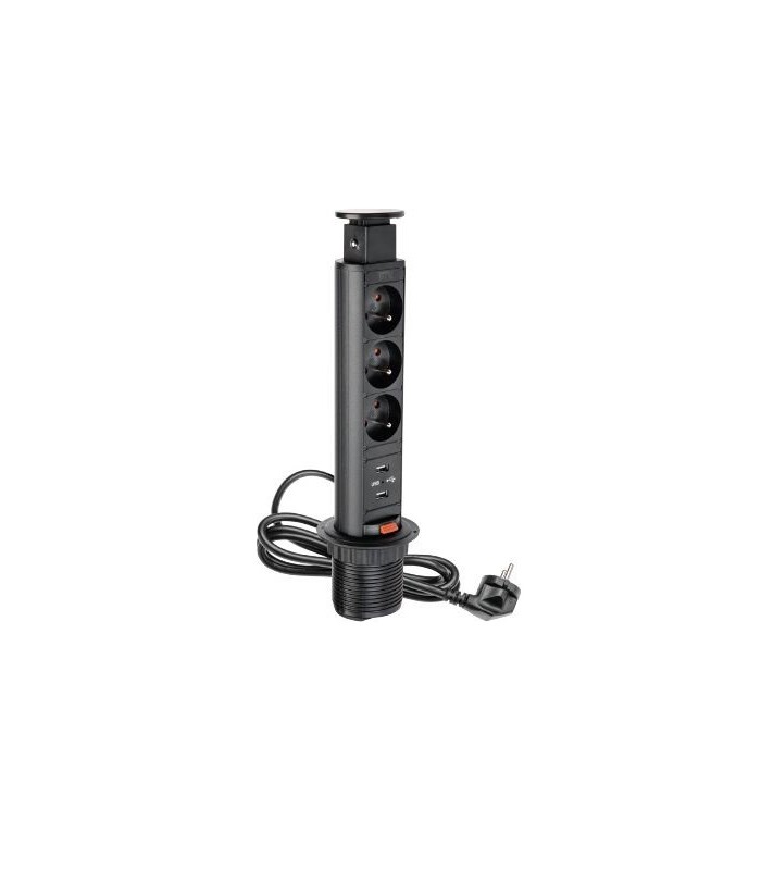 Przedłużacz wpuszczany 60mm, czarny, 3x gniazdo z uziemieniem, 2xUSB 2,1A 5V