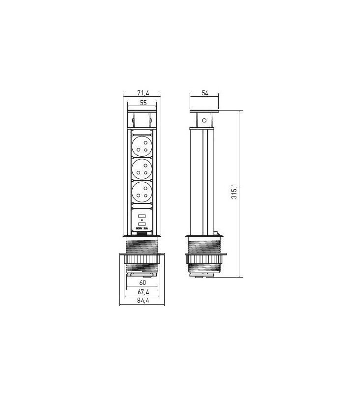 Przedłużacz wpuszczany 60mm, czarny, 3x gniazdo z uziemieniem, 2xUSB 2,1A 5V