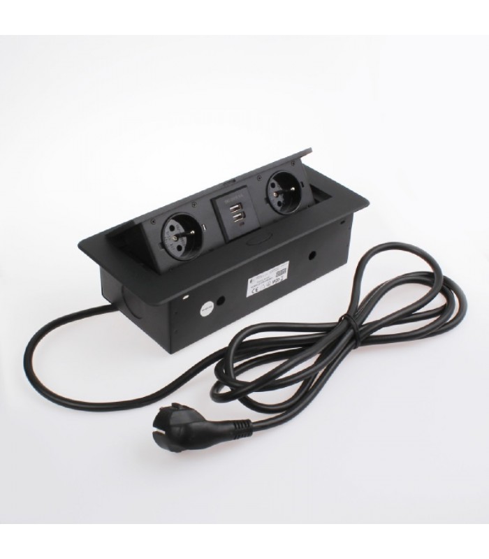 KOMBIBOX czarny 1,5m przewód zasilający, 2 x gniazdo z bolcem + 2USB 5VDC 2,1A,