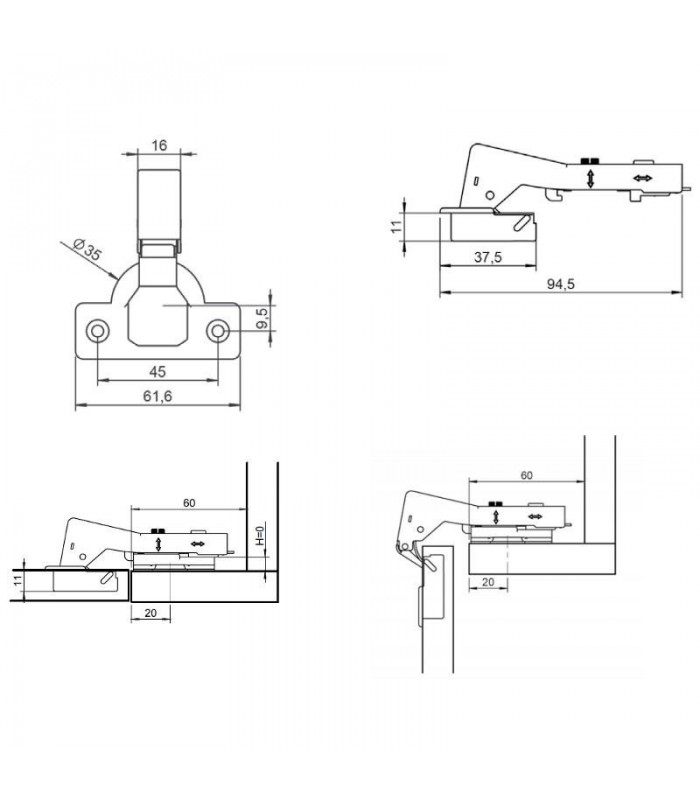 Zawias równoległy 90° Metalla+ 311 cichy domyk 45/9.5