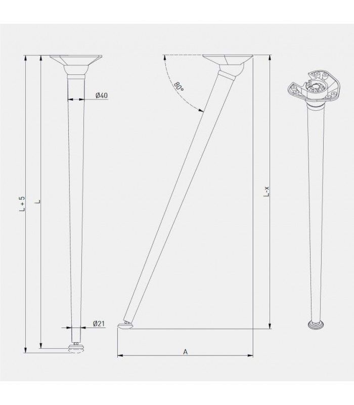 Noga meblowa 40x710mm czarna X-LINE skośna, stopka regulacyjna