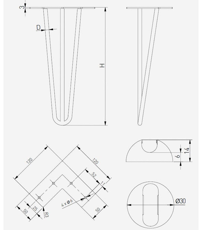 Noga meblowa ARTO ze stopką, 10x711mm, czarna, 3 pręty