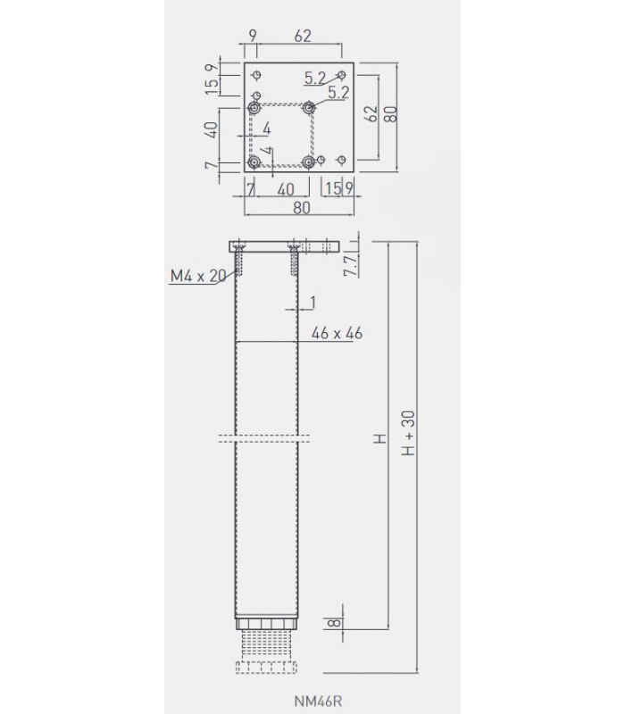 Noga meblowa aluminiowa 46x46x710mm kwadratowa ze stopką regulacyjną