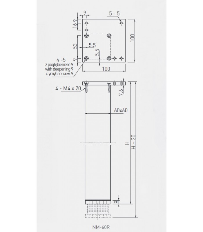 Noga meblowa aluminiowa 60x60x1100mm kwadratowa ze stopką regulacyjną