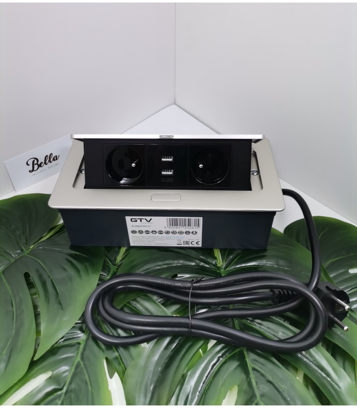 Przedłużacz SOFT aluminium 2x gniazdo z uziemieniem, USB 2,1A, kabel zasilający z wtyczką