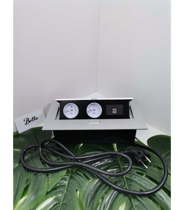 Przedłużacz aluminium 2x gniazdo z uziemieniem, 2x USB, kabel zasilający z wtyczką