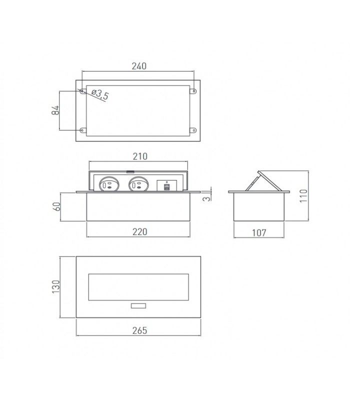 Przedłużacz aluminium 2x gniazdo z uziemieniem, 2x USB, kabel zasilający z wtyczką