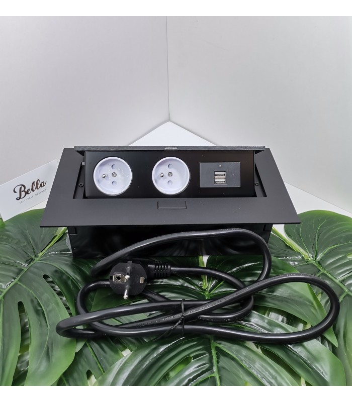 Przedłużacz czarny 2x gniazdo z uziemieniem, 2x USB, kabel zasilający z wtyczką