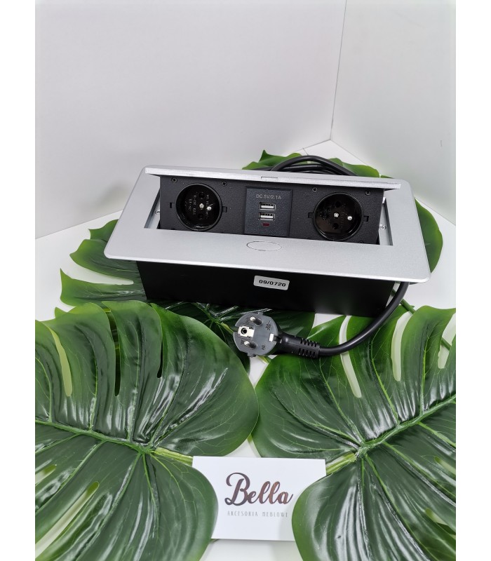 KOMBIBOX UZBROJONY 2 x gniazdo z bolcem+2xUSB aluminium, z przewodem 1,5m,