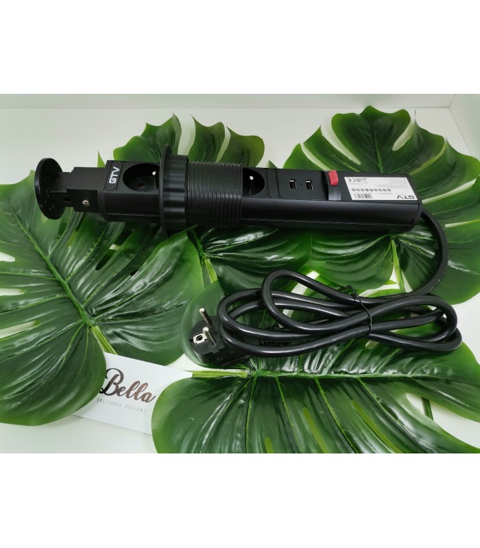 Przedłużacz wpuszczany 60mm, czarny, 3x gniazdo z uziemieniem, 2xUSB 2,1A 5V