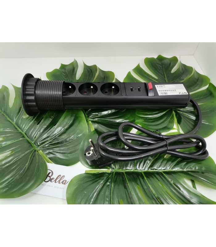 Przedłużacz wpuszczany 60mm, czarny, 3x gniazdo z uziemieniem, 2xUSB 2,1A 5V