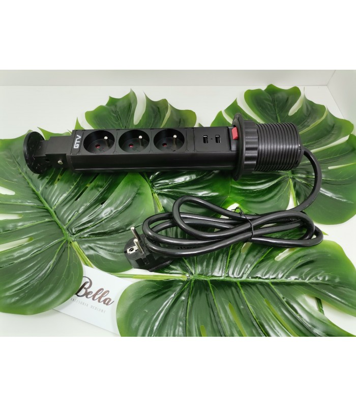 Przedłużacz wpuszczany 60mm, czarny, 3x gniazdo z uziemieniem, 2xUSB 2,1A 5V