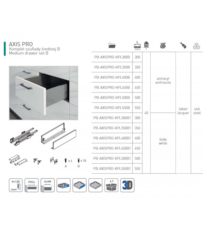 Szuflada AXISPRO 550mm biała H120 średnia