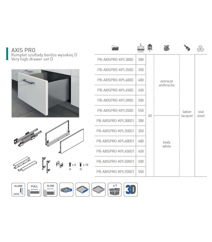 Szuflada AXISPRO 500mm antracyt H200 bardzo wysoka