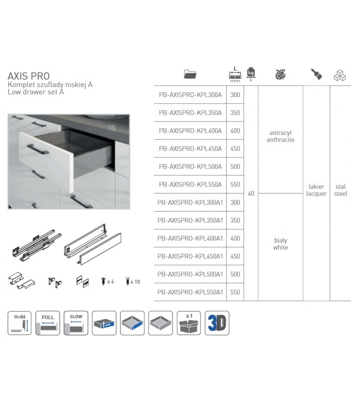 Szuflada AXISPRO 400mm biała H86 niska