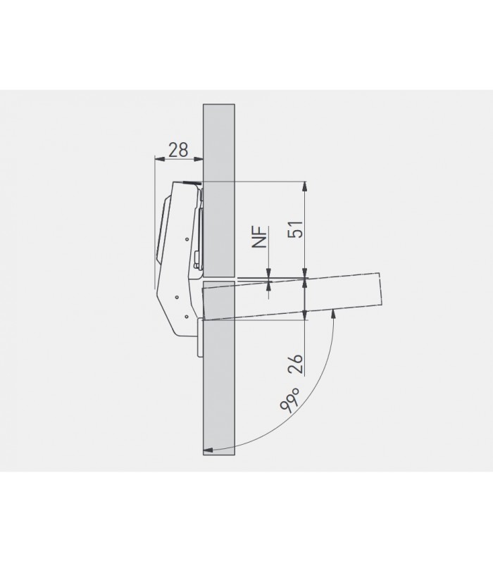 Zawias hydrauliczny kątowy 90 stopni, H-0, regulacja mimośrodowa na prowadniku i ramieniu