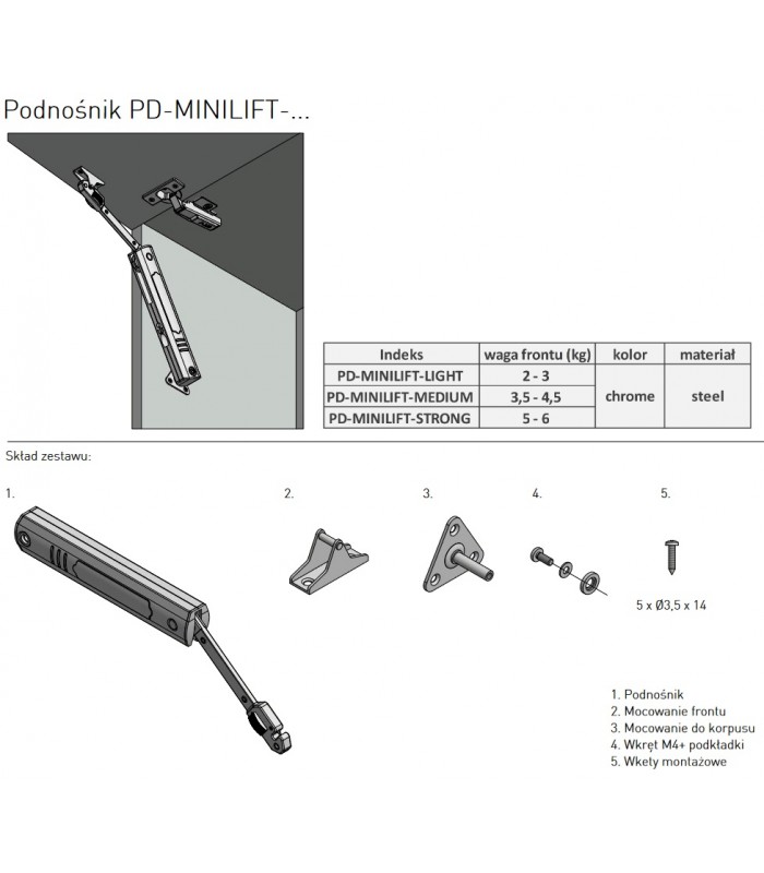 Podnośnik MINILIFT Medium, bez spowalniacza, do frontów 3,5-4 kg