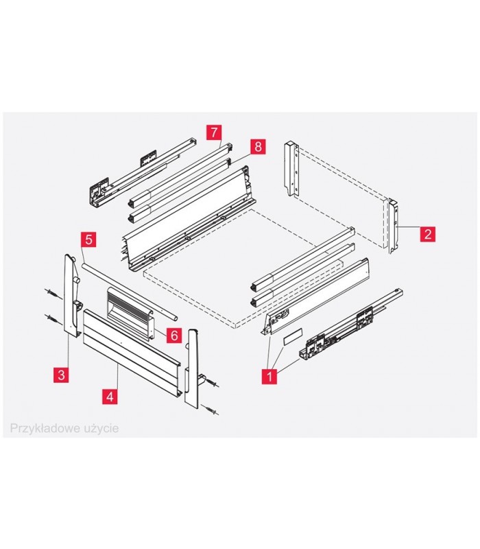 COMFORT BOX mocowanie wewnętrzne frontu do relingu prostokątnego H-204mm białe