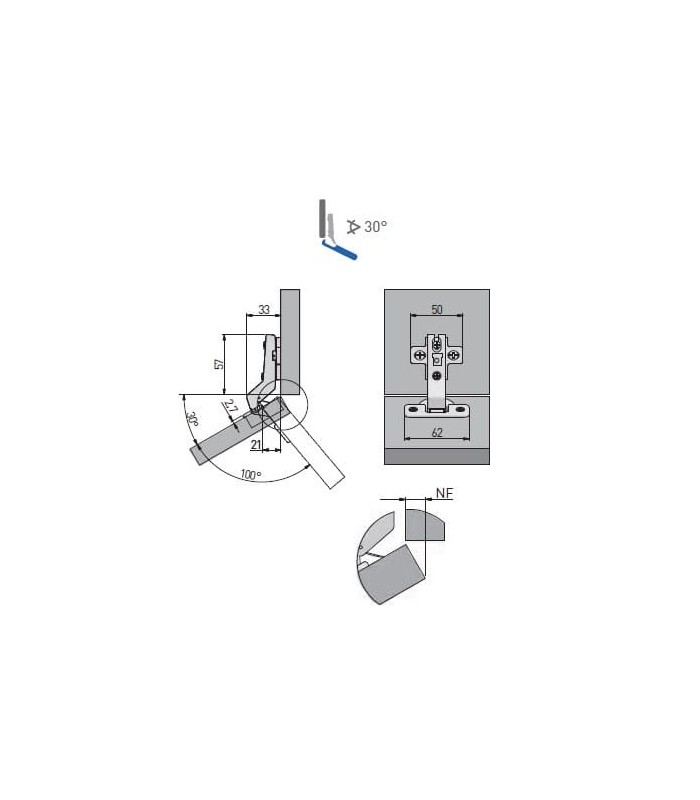Zawias kątowy 30° /prowadnik H-2 zwykły