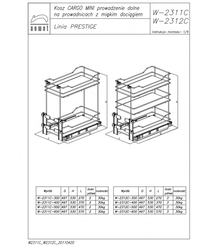 Kosz Cargo MINI PEŁNE DNO 2-półkowe do szafki 600 chrom - linia PRESTIGE
