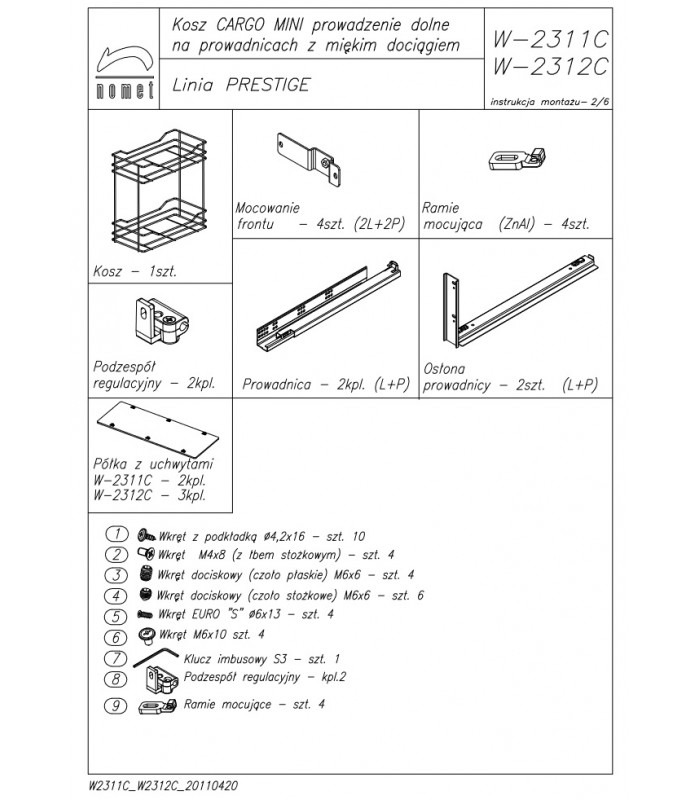 Kosz Cargo MINI PEŁNE DNO 2-półkowe do szafki 600 chrom - linia PRESTIGE