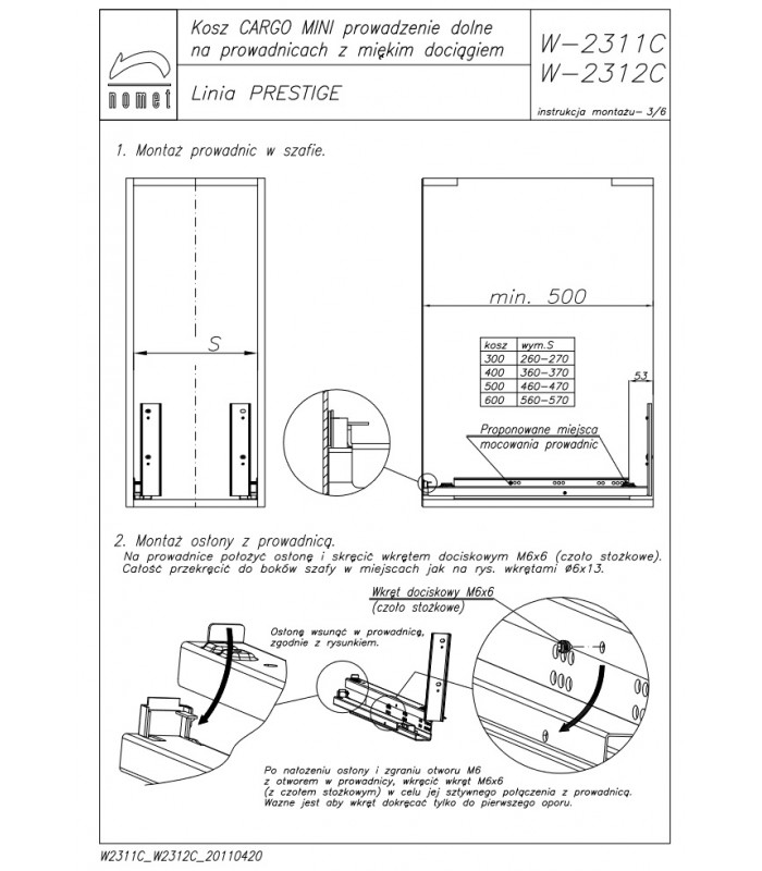 Kosz Cargo MINI PEŁNE DNO 2-półkowe do szafki 600 chrom - linia PRESTIGE