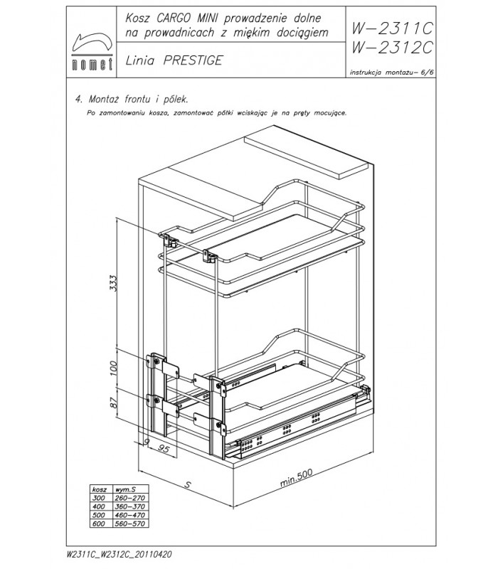 Kosz Cargo MINI PEŁNE DNO 2-półkowe do szafki 600 chrom - linia PRESTIGE