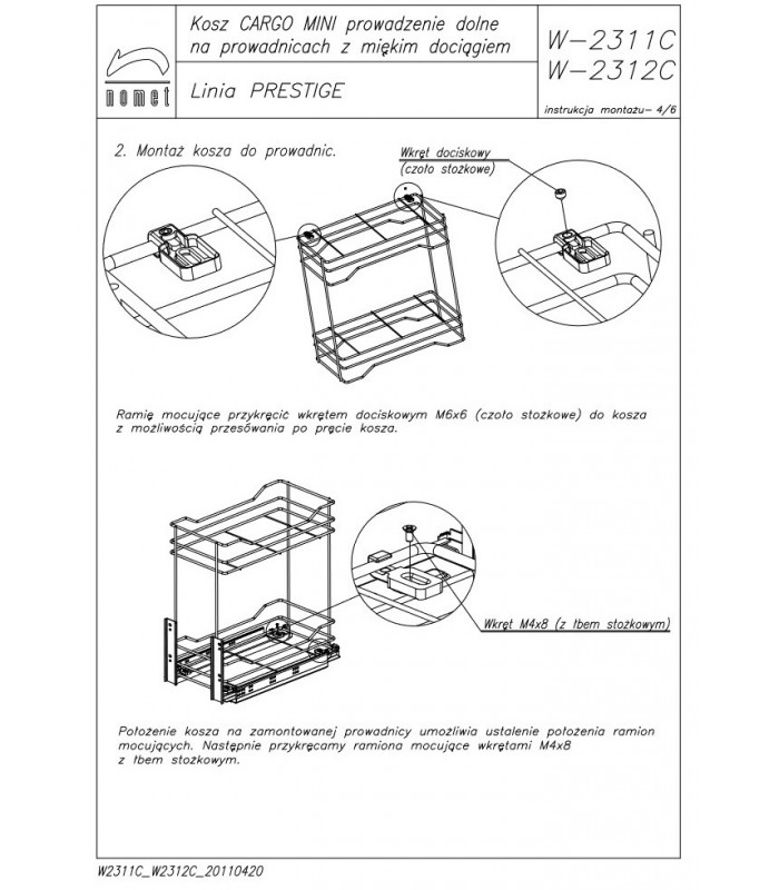 Kosz Cargo MINI PEŁNE DNO 2-półkowe do szafki 600 chrom - linia PRESTIGE
