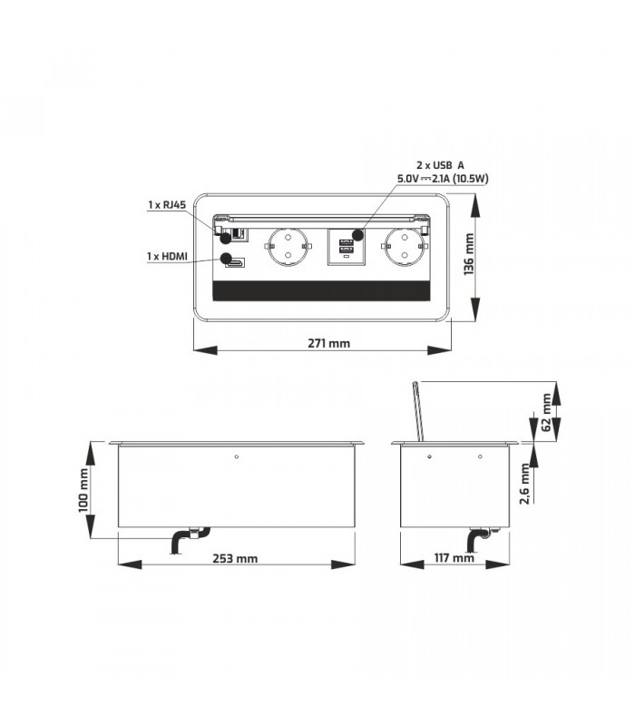 INBOX czarny 2x gniazdo FR, 2xUSB, 1xRJ45, 1xHDMI, przewód zasilający 1,5m